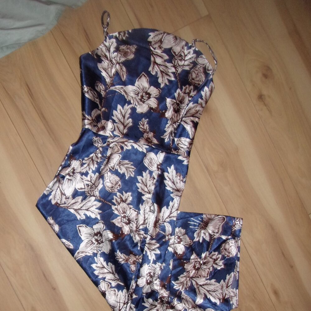 XS blue silky maxi dress long sun spring floral hawaiian